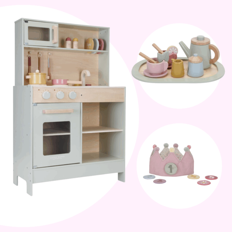 Belliani Pink Play Kitchen & Tea Set Bundle with Crown – Pretend Play Set